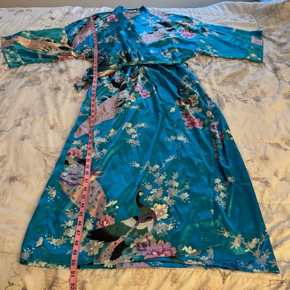 Applesauce teal blue satin peacock floral silk-like belted robe, one size boho - Picture 16 of 16